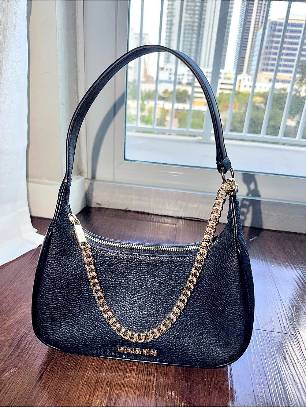 Michael Kors Fulton Pebbled Leather Chain Hobo Shoulder Bag Black